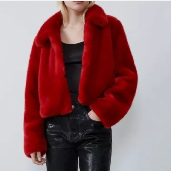 zara red faux fur jacket